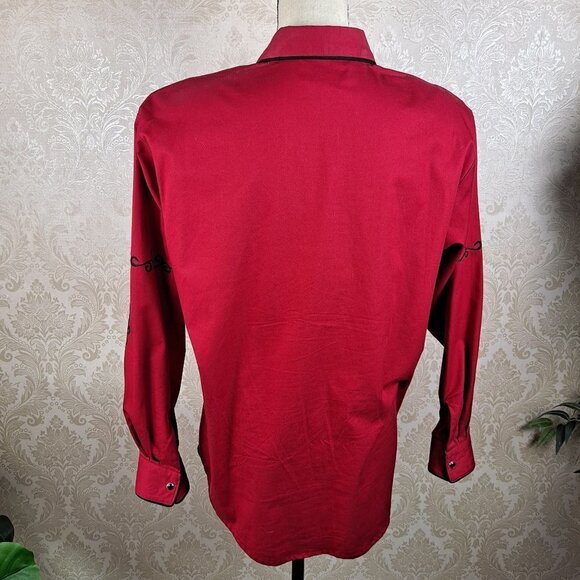 Vintage Panhandle Slim Size Medium Red Western Shirt Black Embroidery Snap Front - Picture 7 of 14